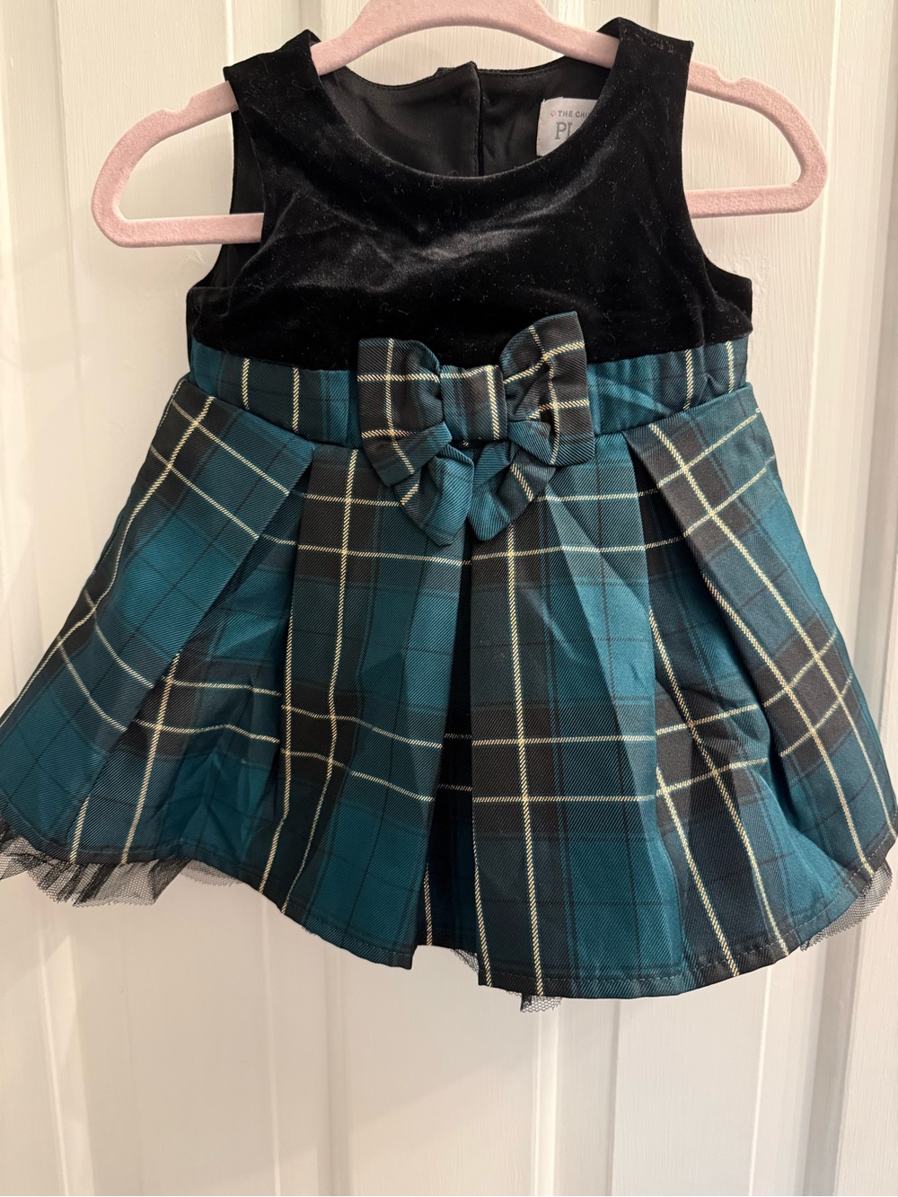 The Children's Place Black Velvet Top Teal Plaid Bow Skirt